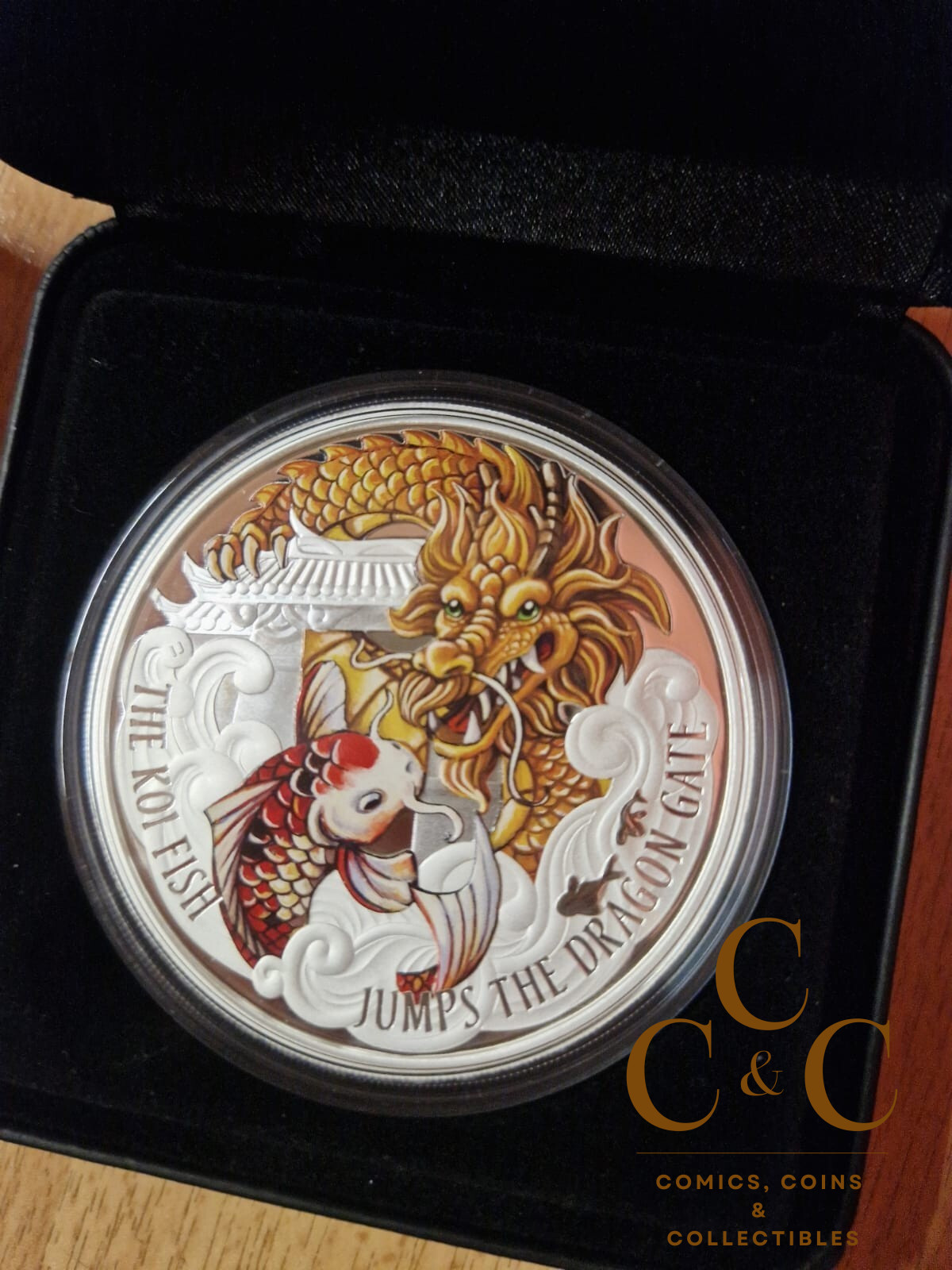 5 oz Coloured Silver Proof Coin - 2016 The Koi Jumps the Dragon Gate - Image 2